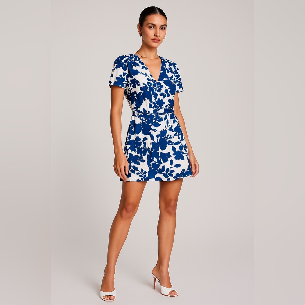 Aqua Navy and White Floral Mini Dress